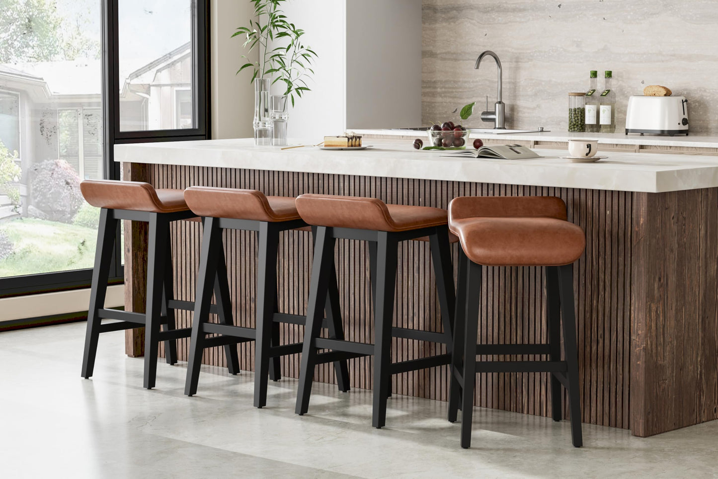 GarveeHome 26.2" Bar Stools Set of 4, Modern Upholstered Kitchen Stools with Low Back and Footrest, Counter Height Bar Stools with Wood Legs, for Kitchen Counter, Dining Room, Brown