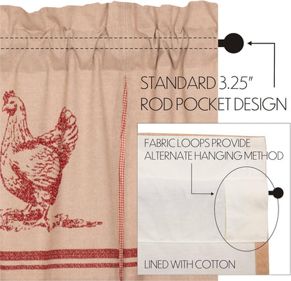 VHC Brands Sawyer Mill Chicken Pleated Curtain Valance, Red, 20x72