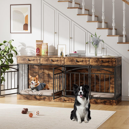 GarveeHome Dog Crate Furniture for 2 Dogs, Dog Kennel Indoor with 4 Storage Drawers and Feeding Bowls, Double Dog Crate TV Stand for Small Medium Dogs, Brown