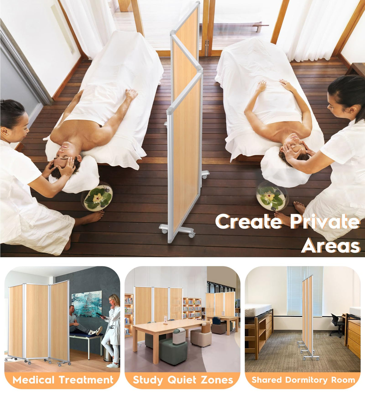 SWANCROWN Folding Office Partition 3-Panel Room Divider 71x71 in, Sliding Privacy Screen Portable Temporary Wall for Cubicle, Studio & Home Office, Wood Grain
