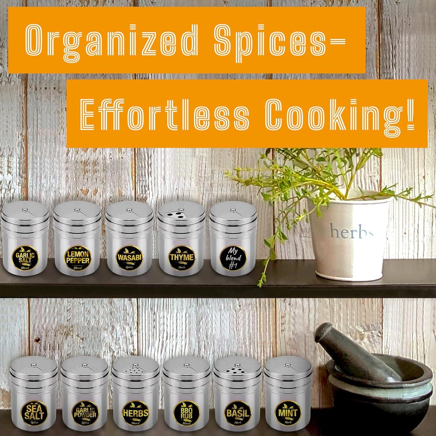 12-pack 6oz Set -192 CUSINIUM Metal Seasoning Containers with Adjustable Lid Labels + Marker - Spice Jars Organizers