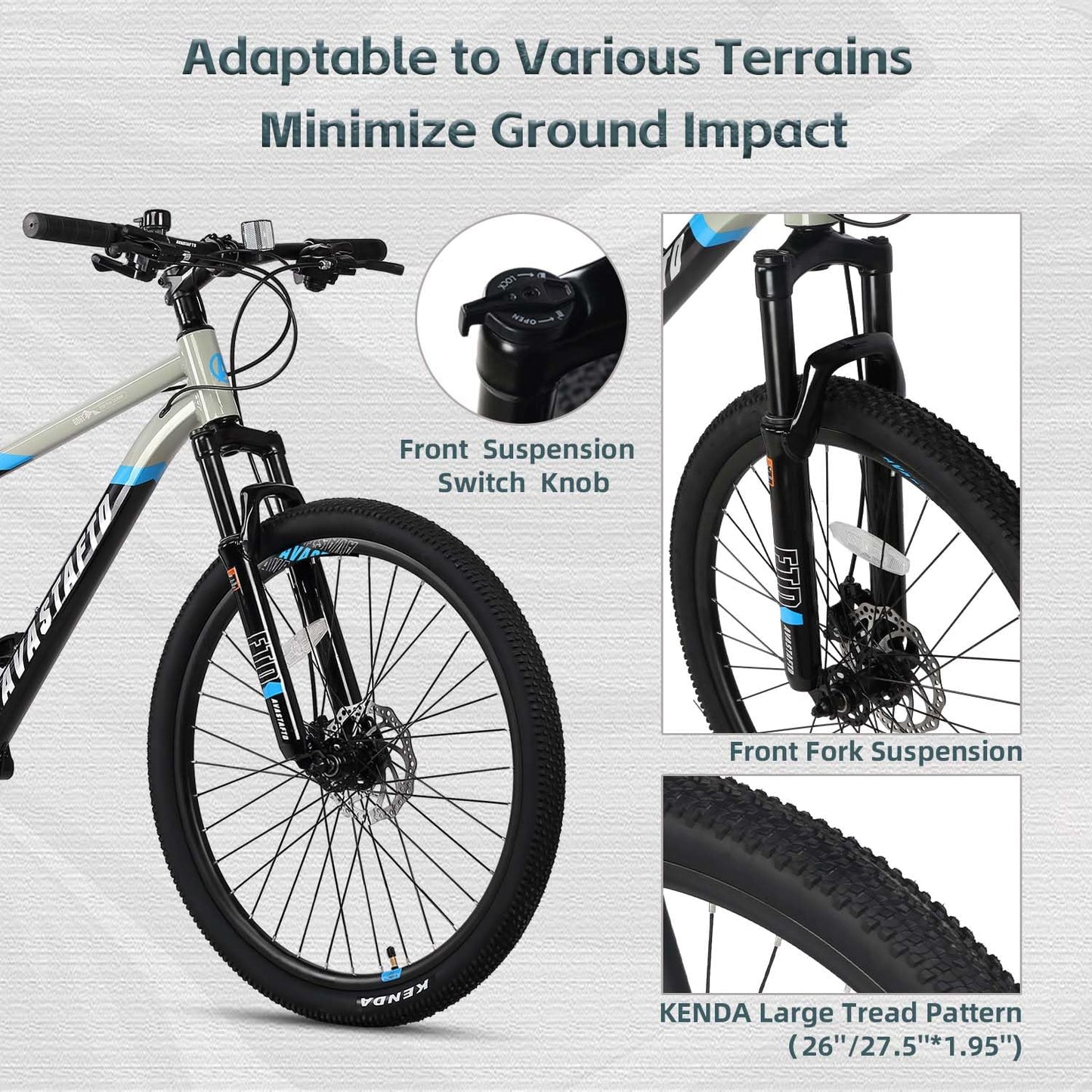 AVASTA 26-inch Mountain Bike for Man Male and Woman Female Adult with Lightweight Aluminum Alloy Frame and Dual Disc Brakes,Front Suspension,21-Speed Gear Shifters,Hidden Brake Cables,Grey