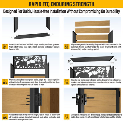 Brukid 3x5 FT Aluminum Fence Gate Kit Wood Grain Aluminum Gate with Decorative Cutout, Lock & Hinges, Left/Right Opening, Weather Resistant for Yard Garden Patio