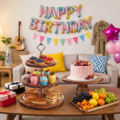 RattanView 7 Pcs Wood Dessert Table Display Set Wooden 3 Tie Cupcake Stands Rustic Round Cake Stand Wood Dessert Serving Trays for Wedding Baby Shower Birthday Tea Party(Brown)