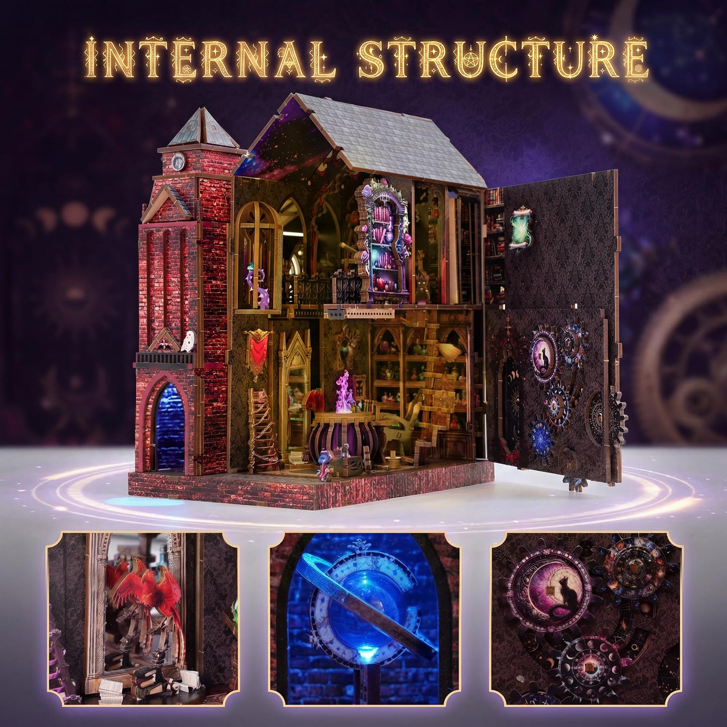 Book Nook Kit, DIY Miniature House Dollhouse Crafts Kit for Adults and Teens, Magic Castle 3D Wooden Puzzle Booknook Build Bookshelf Decor, Gifts for Family and Friends（Arcane Sprire）