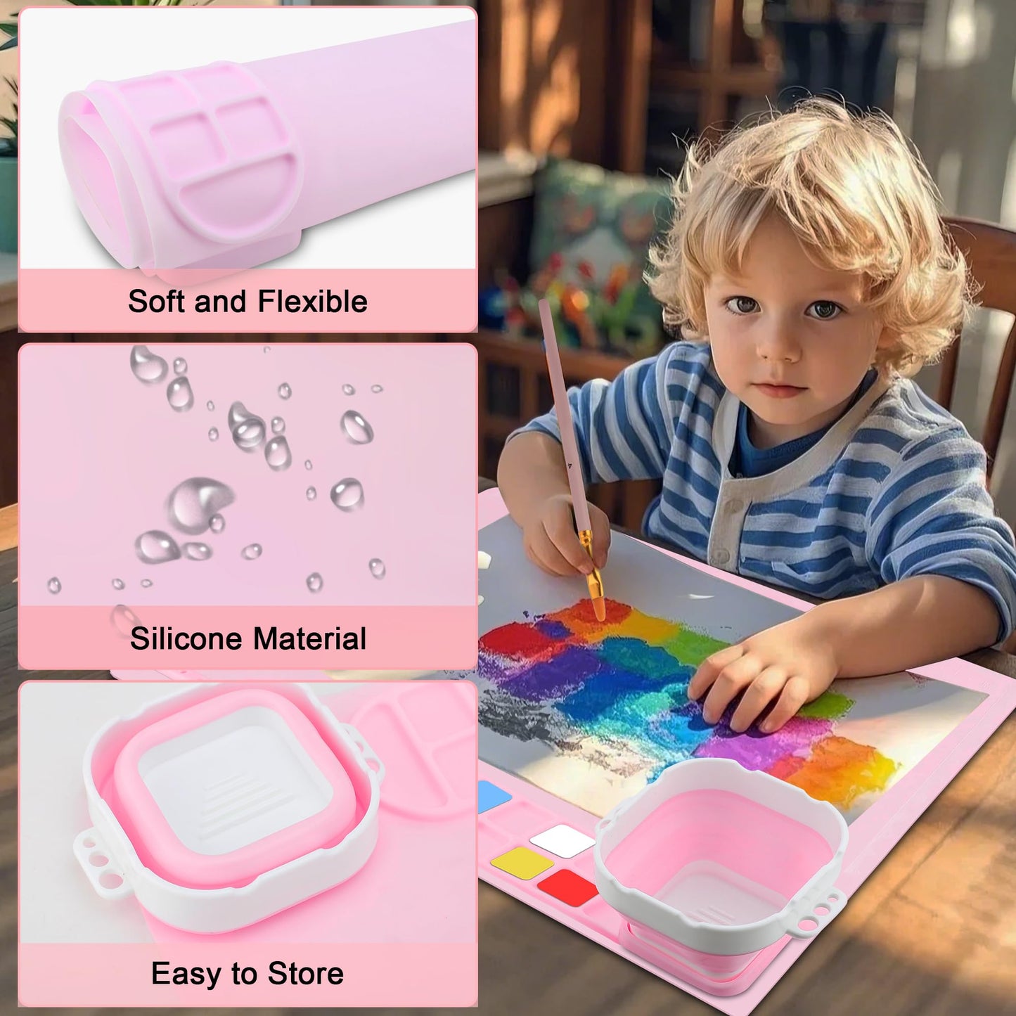 MEKOTRIN 2PCS Silicone Painting Mat, 20"X16" Art Mat with Cup and Palettes, Silicone Craft Mat has 16 Color Dividers, Paint Mat for Artist Clay DIY Creations(Pink+Blue)