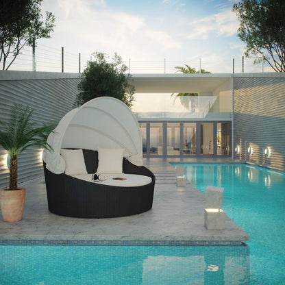 Ergode Siesta Outdoor Wicker Patio Canopy Bed | Ultimate Relaxation | All-Weather Cushion | Retractable Sun Guard | Modern Design | Includes 3 Throw Pillows