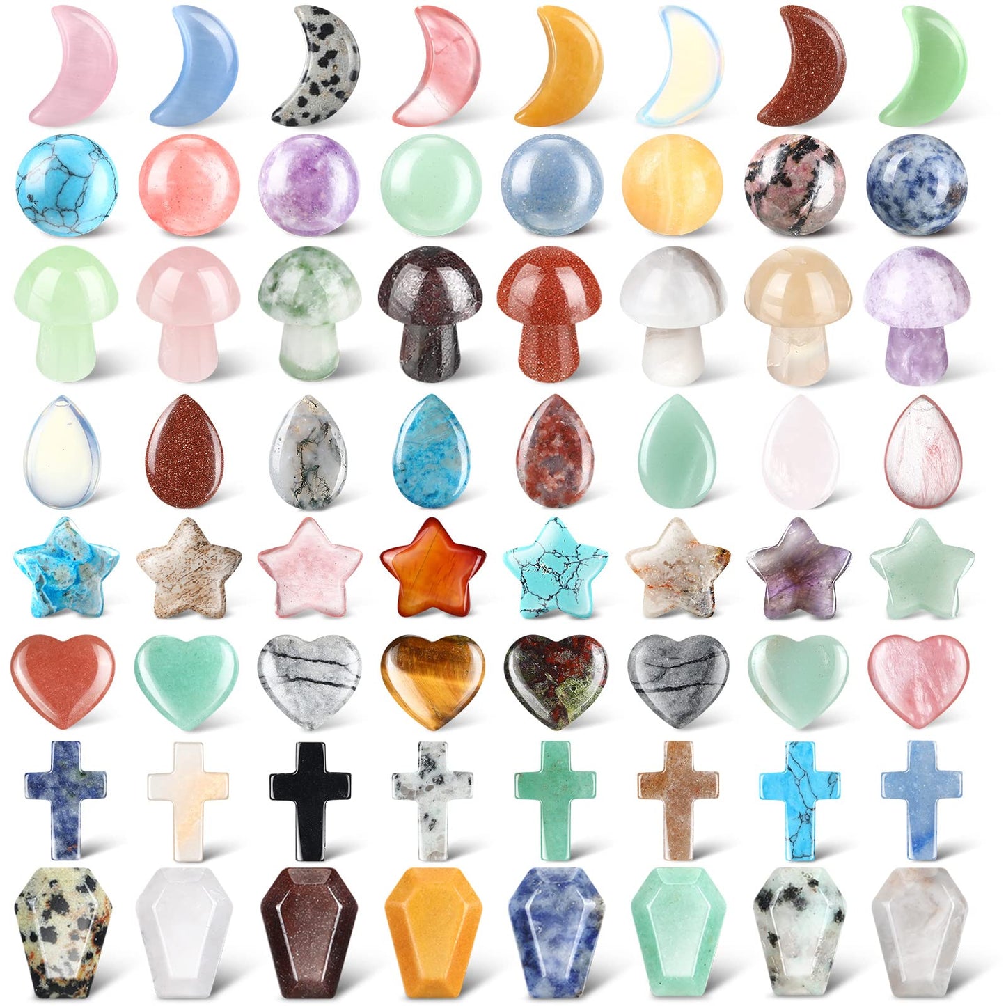 Nuenen 64 Pcs 0.8 Inch Mixed Hearted Crystals Worry Stones Gift Heart Shaped Healing Star Shape Moon Cross Coffin Gemstone Teardrop Palm Pocket Ball for Valentines Witchcraft Supplies