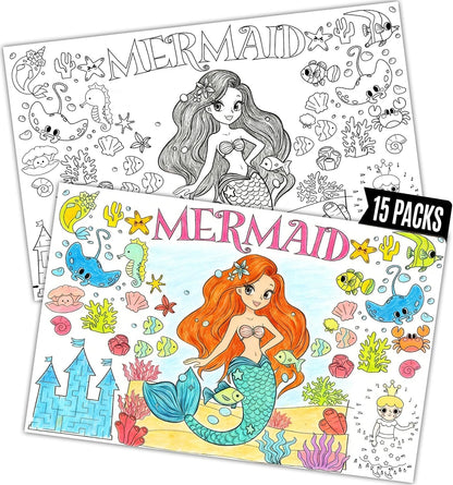 15Packs 17X11Inches Mermaid Crafts for Kids Coloring Placemats with Thankful - Fall Art Activities for Friendsgiving