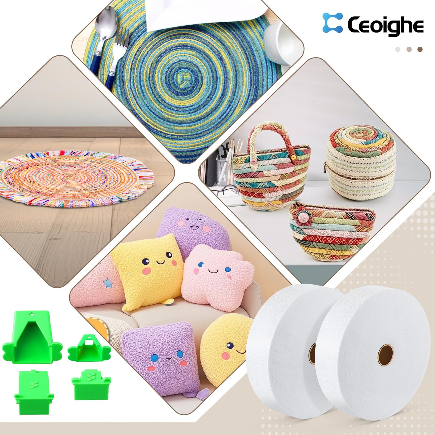 Ceoighe Fabric Roll Batting Strips with Tube Maker, 2 Rolls 100 Yards Total, 2 1/4 Inch Cotton Blend Quilt Batting for Quilting, Rugs, Braided Mats, DIY Sewing Projects