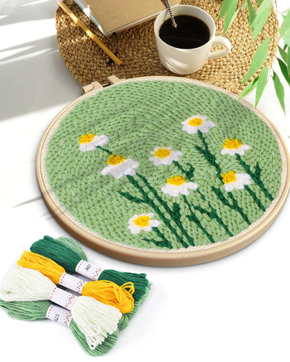 TINDTOP Punch Needle Kit, Daisy Punch Embroidery Kits for Adults Beginner, Tool with Punch Needle Fabric, Hoops, Yarns and Sewing Needles