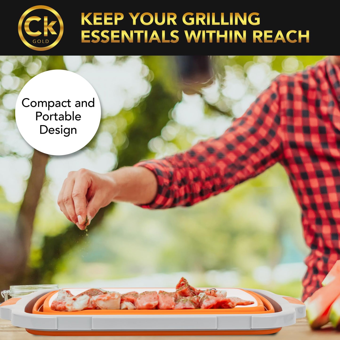 CK GOLD Collapsible BBQ Prep Tub XL with Locking Lid & Drain Hole | Meat Marinating Container with Cutting Board | BPA-Free Food-Grade Prep Tubs for Grilling, Camping & Outdoor Cooking (Orange, 16 L)