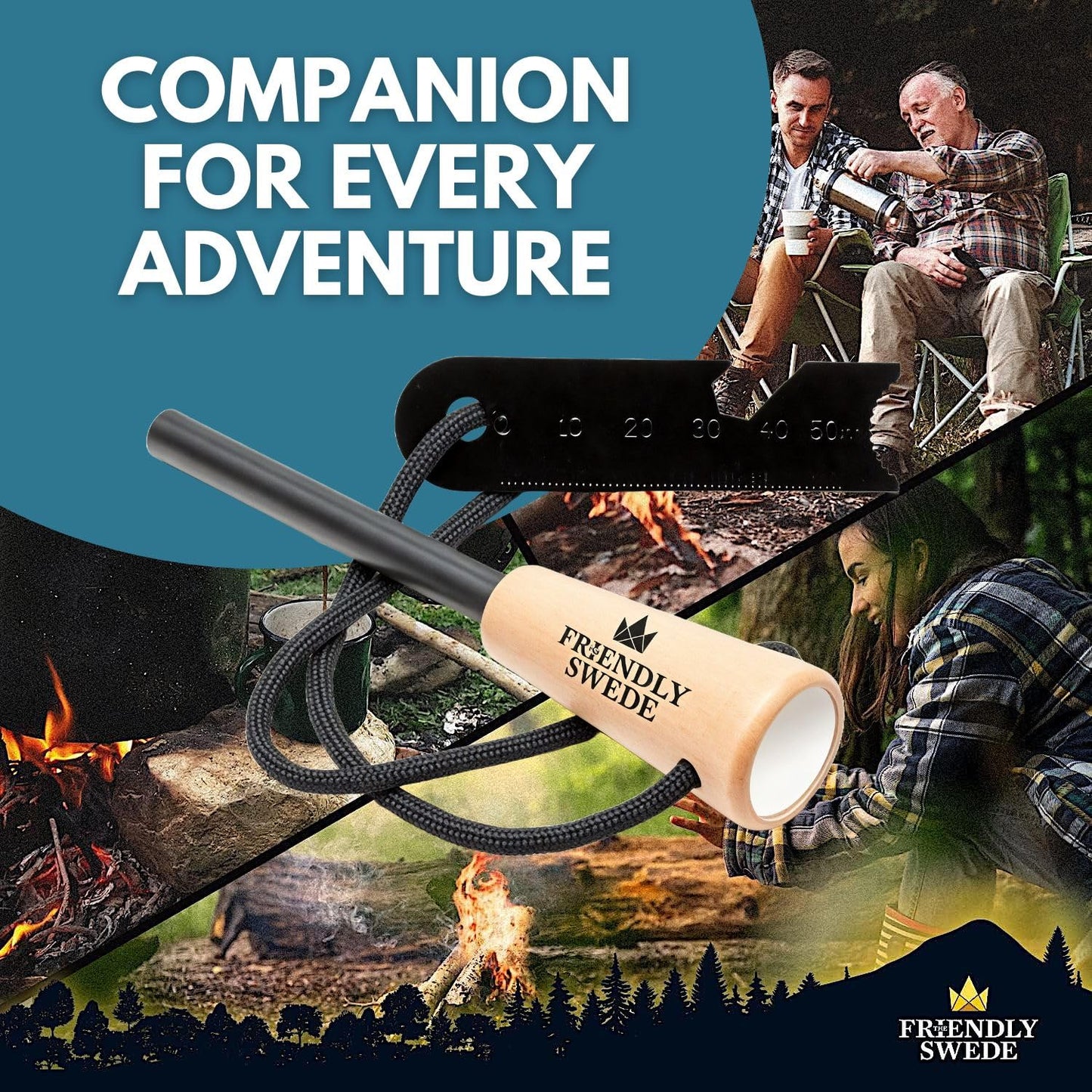 The Friendly Swede Ferro Rod Fire Starter Tool — Flint and Steel Fire Starter Survival Tool with Wooden Handle; Weatherproof Firestarter for Camping, Hiking & BBQs; Compact with Optimal Grip