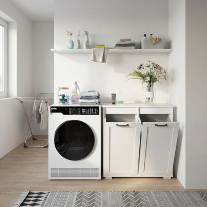 White Laundry Cabinet with 2 Removable Liner Bags, Particle Board and MDF, 31.5 x 15.75 x 30.31 Inches, Dual Compartment Hamper Sorter