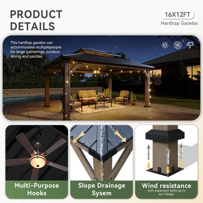 Aoxun 12' x 16' Outdoor Wood Gazebo, Hardtop Gazebo Permanent Wooden Pavilion with Galvanized Steel Double Roof, for Patio, Garden, Backyard, Cedar Wood, Grey