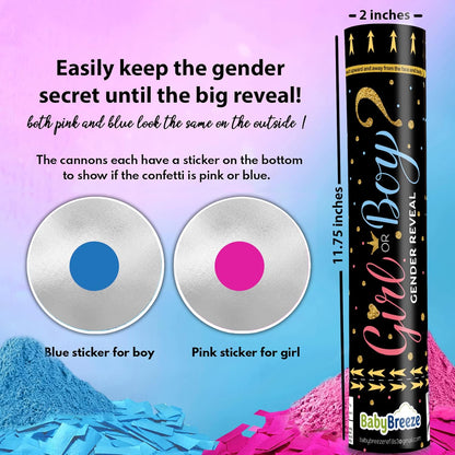 2 Gender Reveal Confetti Powder Cannon - Biodegradable Blue & Pink Poppers for Baby Shower Party Decorations - He