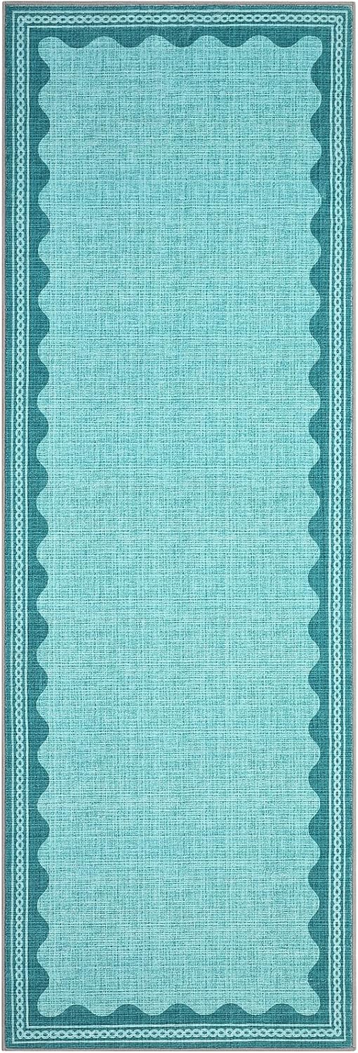 2.5x8 GarveeHome Scalloped Teal Runner Rug for Hallway Washable Kitchen Rugs Non Slip Solid Modern Soft Low-Pile Indoor