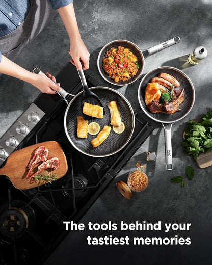 Frying Pans Non Stick, Hybrid Ceramic With Lid, 12 Inch Tri-Ply Stainless Steel Skillet, Non-Toxic, PFAS/PFOA/PTFE Free, Metal Utensil Safe, Dishwasher & Oven Safe