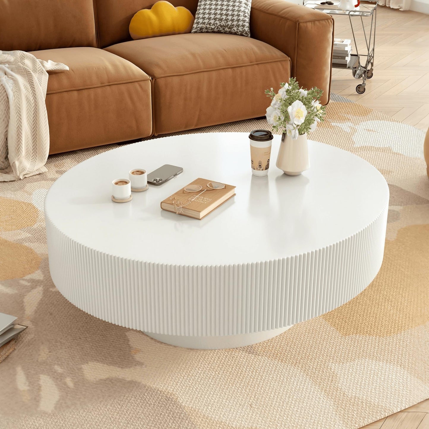 Merax Modern Round Coffee Table with Sturdy Base, Wood Sofa Center Tables for Living Room, Reception Room, Easy Assemble, White