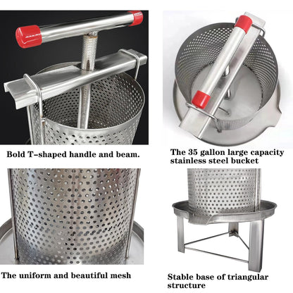 HCTOOL Honey Press Extractor Wax Machine Stainless Steel Honey Press Beeswax Machine Manual Large Bee Honey Presser Fruit Wine Press For Honey Wine Juice Vegetables Olive Oil Making