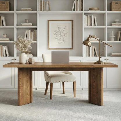 LITTLE TREE 63" Long Large Wood Desks, Solid Wood Office Desk, Farmhouse Executive Computer Desk, Home Office Workstaticon, Work Writing Table, Rustic Brown