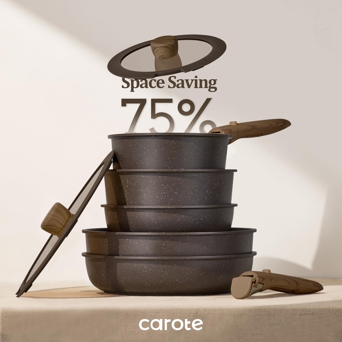 CAROTE 21PCS Pots and Pans Set Non Stick with Detachable Handle, Nonstick Cookware Sets, Cooking Kitchen Set, Oven/Dishwasher Safe, Induction Cookware, Brown, RV Kitchen Pot and Pan