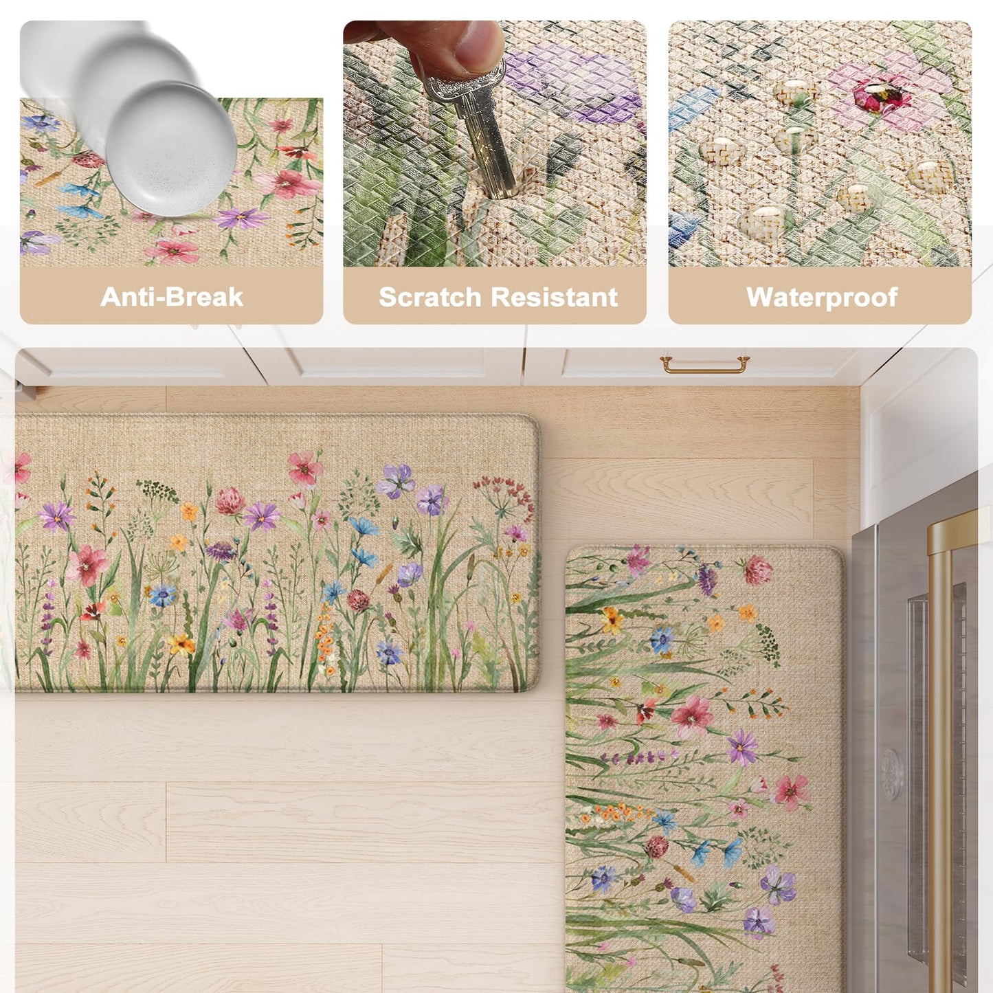 KIMODE Anti Fatigue Kitchen Mat, 17"x47"+17"x29" Floral Kitchen Rugs Sets of 2, Farmhouse Kitchen Floor Mats Non-Slip Cushioned, Comfort Standing Desk Mat for Sink, Laundry,Home Brown