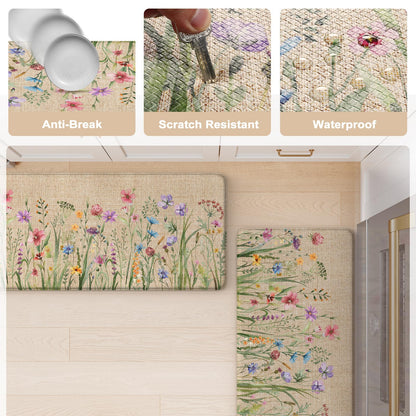 KIMODE Anti Fatigue Kitchen Mat, 17"x47"+17"x29" Floral Kitchen Rugs Sets of 2, Farmhouse Kitchen Floor Mats Non-Slip Cushioned, Comfort Standing Desk Mat for Sink, Laundry,Home Brown