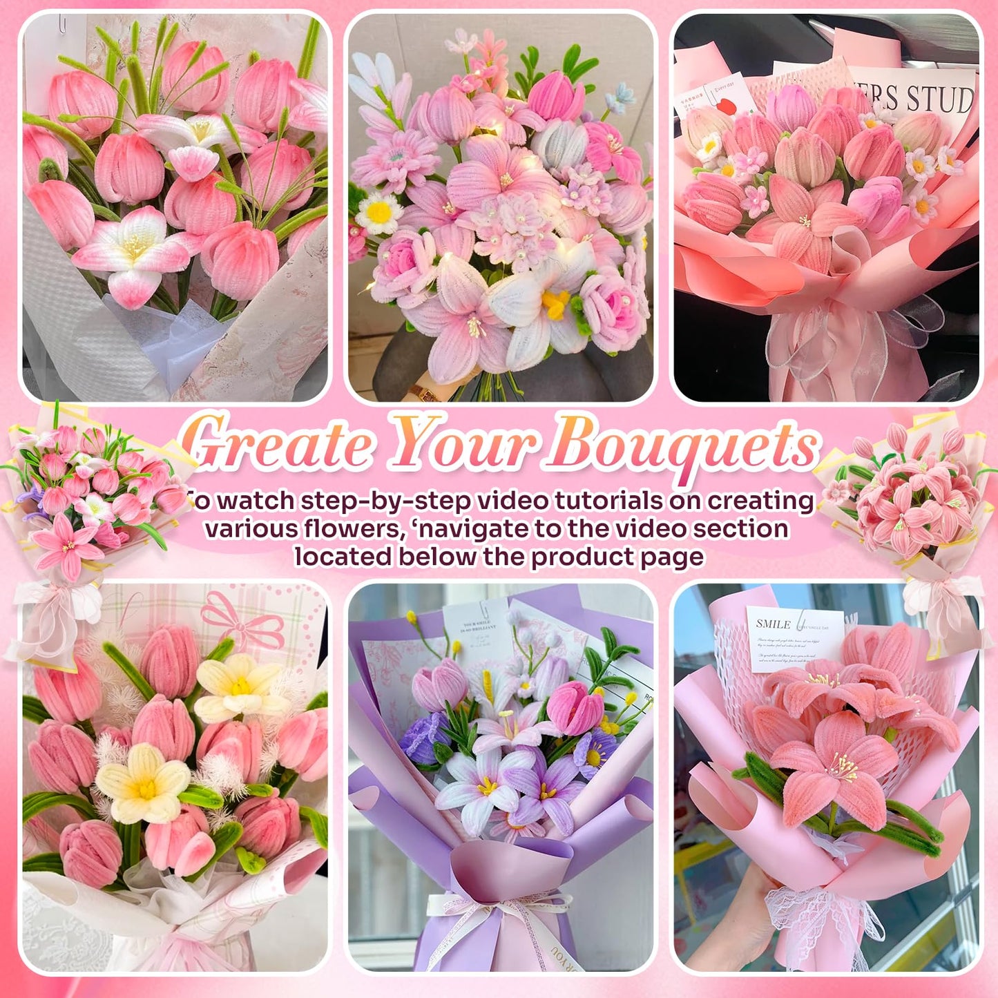 Pipe Cleaners Craft Flowers Kit 791 Pcs, 400 Pcs 7 Colors 8mm Fuzzy Pipe Cleaners Bulk (Tulips/ Lilies), 360 Pcs Stamen, Chenille Stems for DIY Flower Making Kit Crafts, Floral Stems & Tape & Ribbon