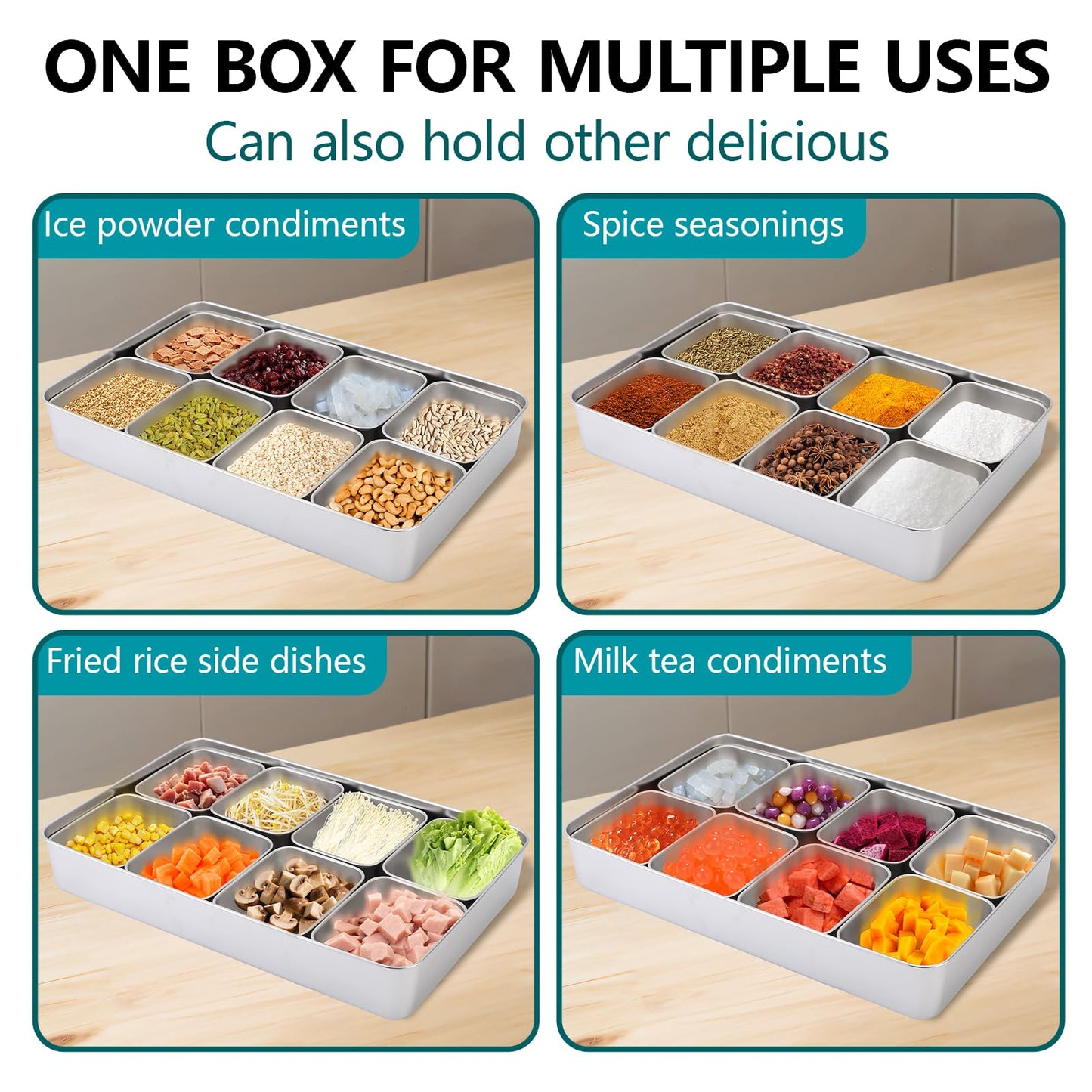 KIMISS Box Seasoning Organizer Box 8 Grids Stainless Steel Jars Container Set Rack with Lids And Spoons for Salt Snacks Flour Dry Goods Fruits