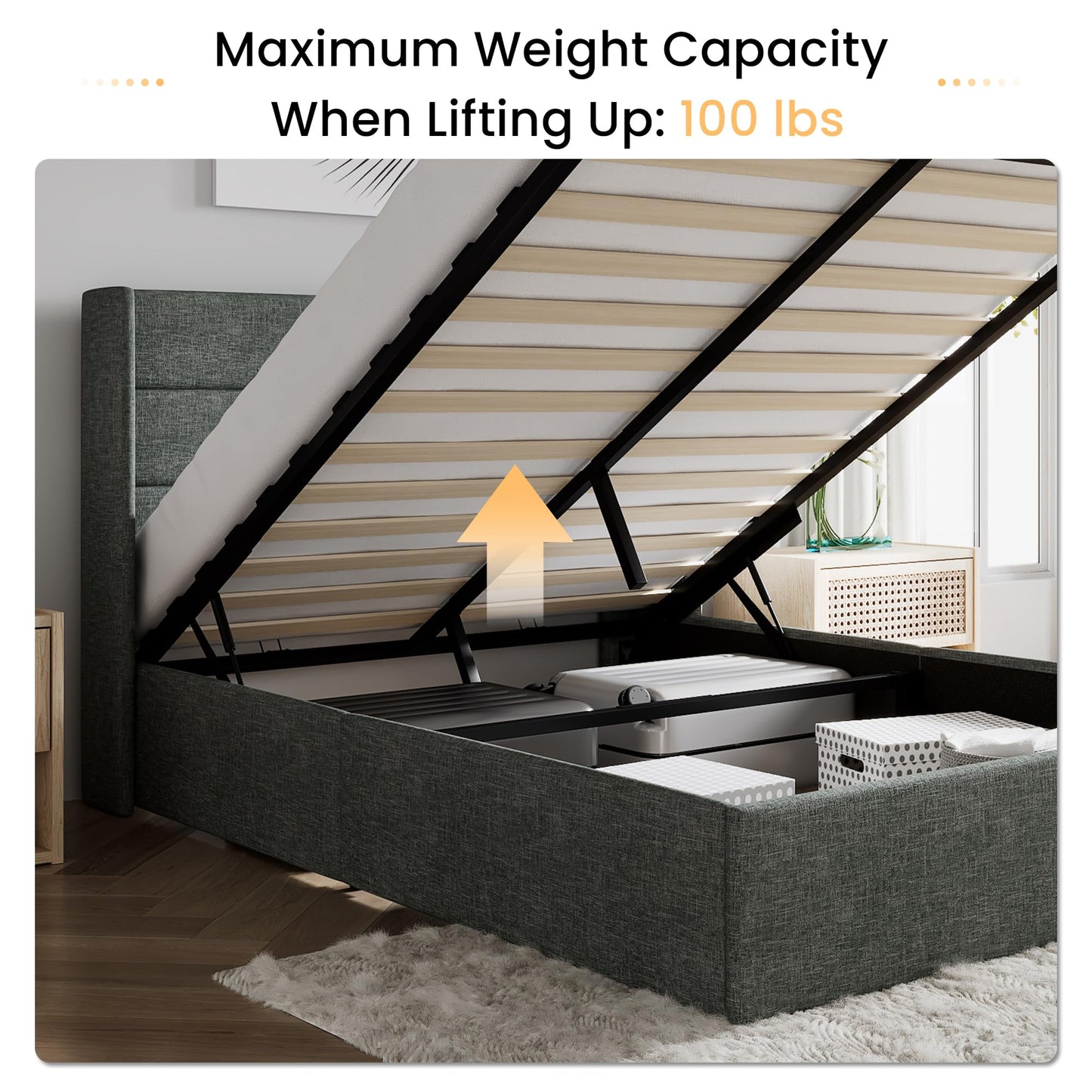 SHA CERLIN Full Size Lift Up Storage Bed/Modern Wingback Headboard/Upholstered Platform Bed Frame/Hydraulic Storage/No Box Spring Needed/Wood Slats Support/Dark Grey