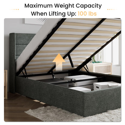 SHA CERLIN Full Size Lift Up Storage Bed/Modern Wingback Headboard/Upholstered Platform Bed Frame/Hydraulic Storage/No Box Spring Needed/Wood Slats Support/Dark Grey
