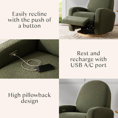 Babyletto Nami Electronic Power Recliner and Swivel Glider with USB Port in Olive Boucle with Light Wood Base, Water Repellent & Stain Resistant, Greenguard Gold and CertiPUR-US Certified