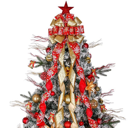 Christmas Tree Topper Wreath Bow Large Christmas Bow Tree Topper 52"x13" Red Gold Snowflake Patterned Gift Bows for Xmas Holiday Home Wedding Thanksgiving Indoor/Outdoor Decoration