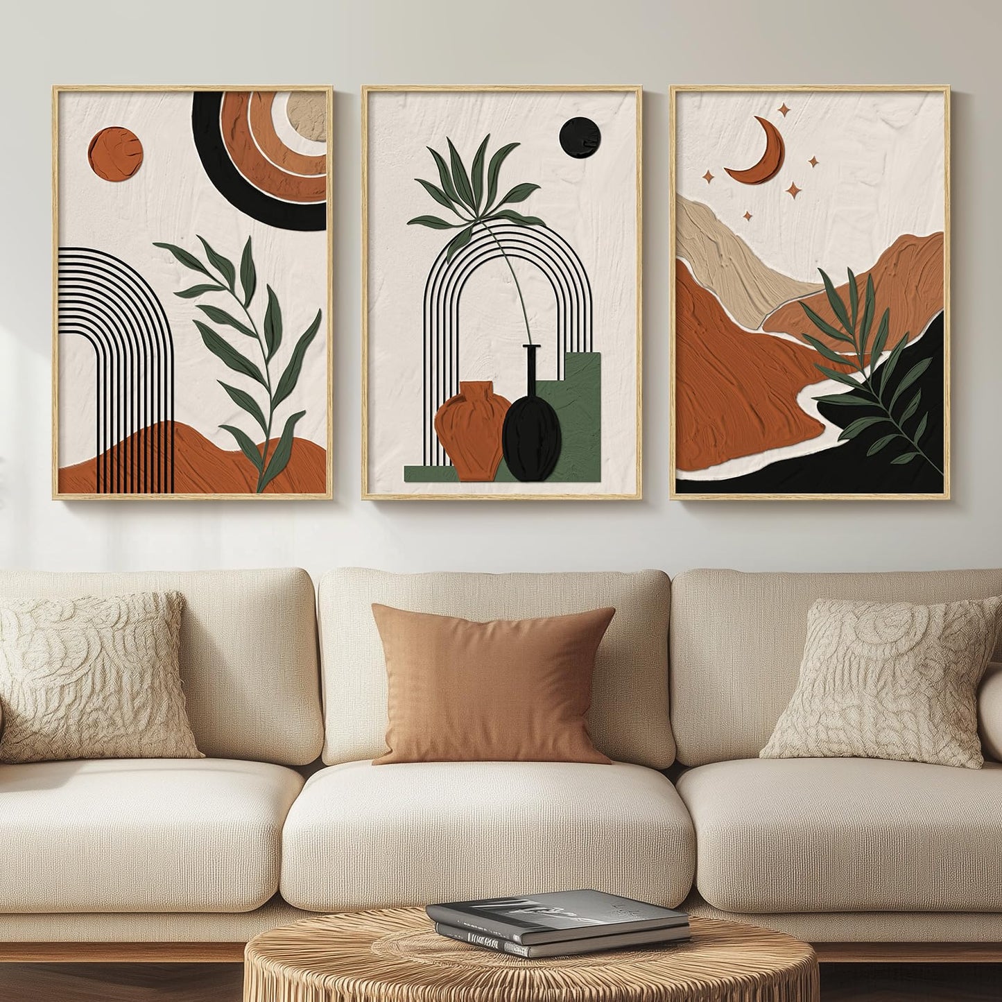 Framed Boho Sage Green Wall Art for Living Room, Large Mid Century Modern Tropical Leaf Canvas Artwork for Walls, 3 Piece Beige Orange Bohemian Wall Art Prints for Bedroom Kitchen Hallway, 16x24 Inch