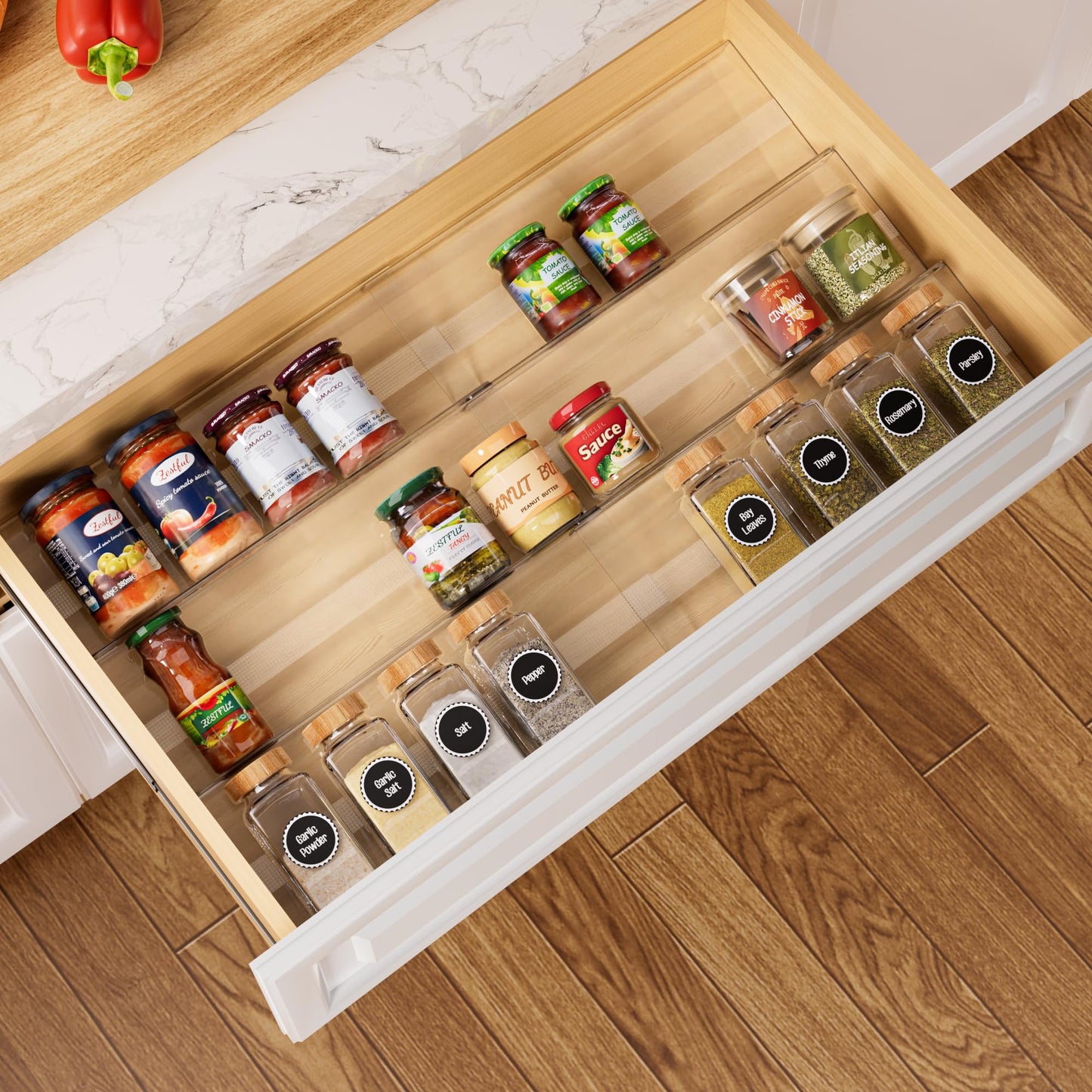 Brippo Expandable Spice Drawer Organizer Insert, 6-Pack Kitchen Adjustable Seasoning Rack Tray (13" to 26"), Clear Acrylic with Anti-Slip Mat, for Cabinet Countertop (Jars Not Included)