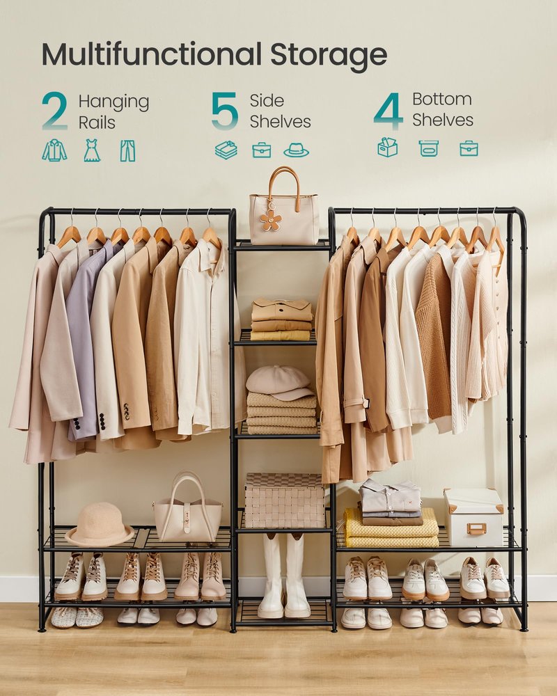 SONGMICS Wardrobe Closet, 72 Inch Large Portable Closet, Clothes Rack for Hanging Clothes,Heavy Duty Garment Rack, Storage Organizer with Shelves, 72 x 11.4 x 62.4 Inches, Black ULGR463B01