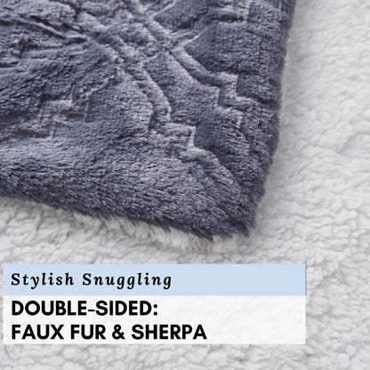 Tache Faux Fur Throw Blanket Dark Slate Navy Blue Diamond Trellis Pattern Super Soft Warm Fluffy Fuzzy Small Decorative Couch Lap White Sherpa Back Throw Blanket, 50x60