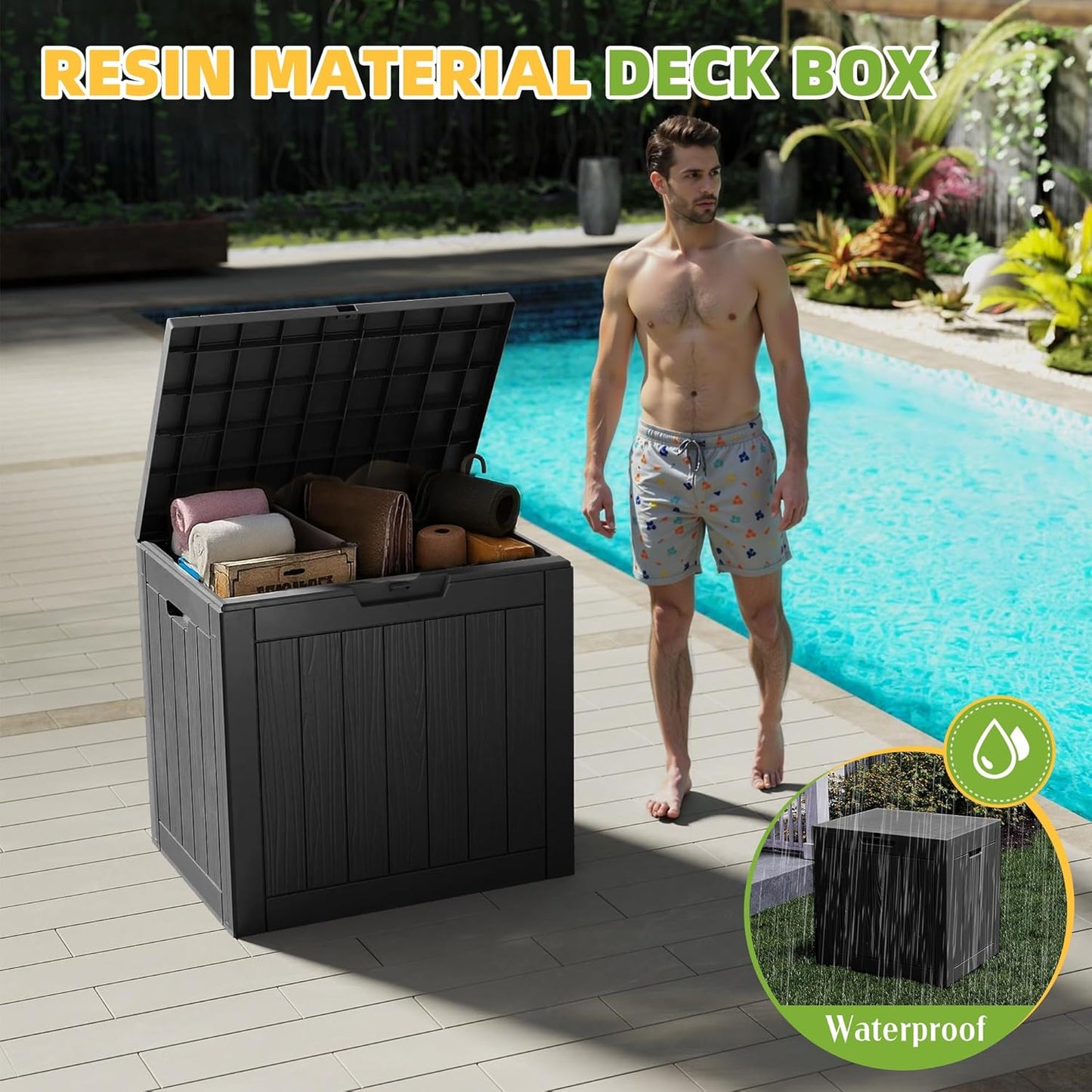 35 Package Gallon Resin Deck Box with Lockable Latch, Waterproof UV-Resistant Multi-Purpose Outdoor Storage for Patio