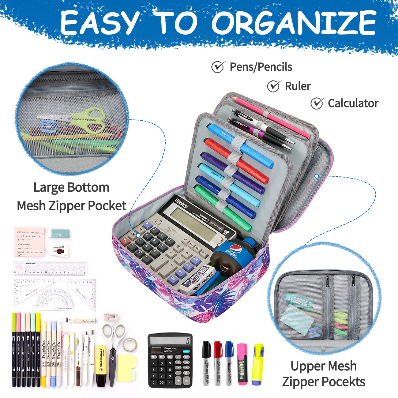 VASCHY Large Pencil Case Bag, Art Supply Marker Organizer Big Pen Pouch with Detachable Layers Slots Multiple Zipper Pockets for Kids Adults School Office Purple