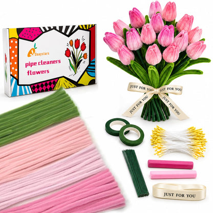 Quaystars 400Pcs Pipe Cleaners Crafts Bulk,Pipe Cleaner Flower Kit,Arts and Crafts for Adults (Green,Pink)