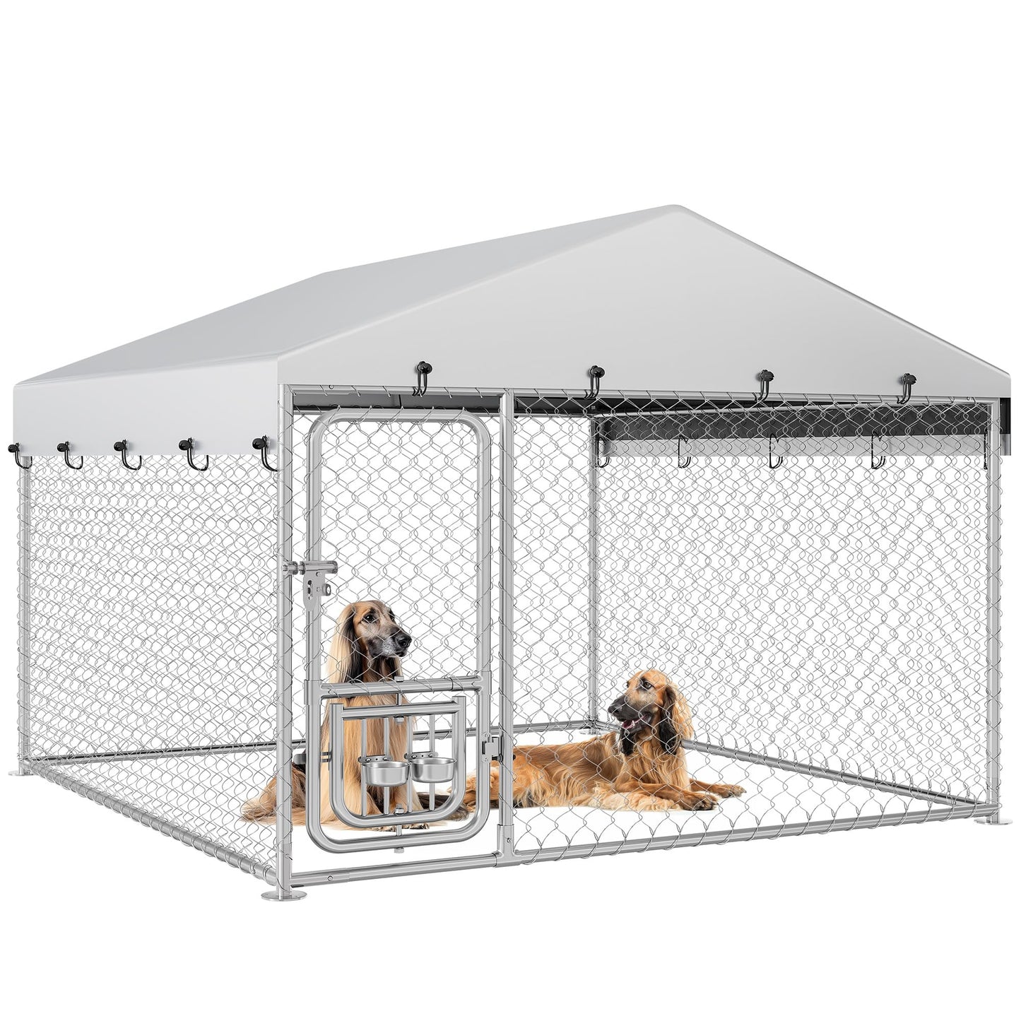 YITAHOME Outdoor Dog Kennel with Rotating Feeder Bowls, 7.5'x7.5' Outdoor Dog Enclosure with Roof, Heavy Duty Dog Cage for Medium Large Dogs