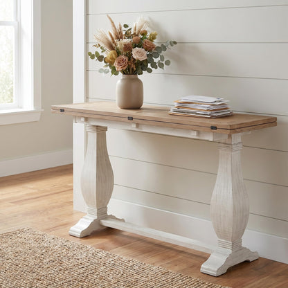 Martin Svensson Home Napa Solid Wood Pedestal Flip-Top Sofa Console Table, White and Driftwood, 60 inches x 18 inches x 30 inches