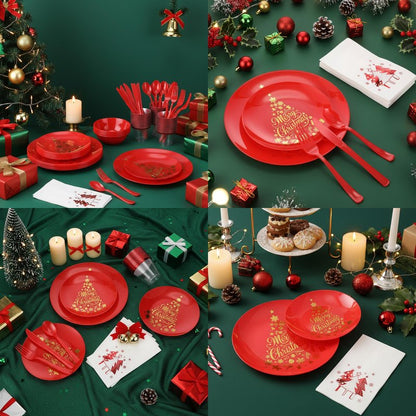 Shellwei 280 Pcs Plastic Dinnerware Set, Disposable Plates Includes 40 Dinner Plates 40 Cups 40 Dessert Plate 40 Papers Napkins 40 Forks Knives Spoons for Party (Christmas)