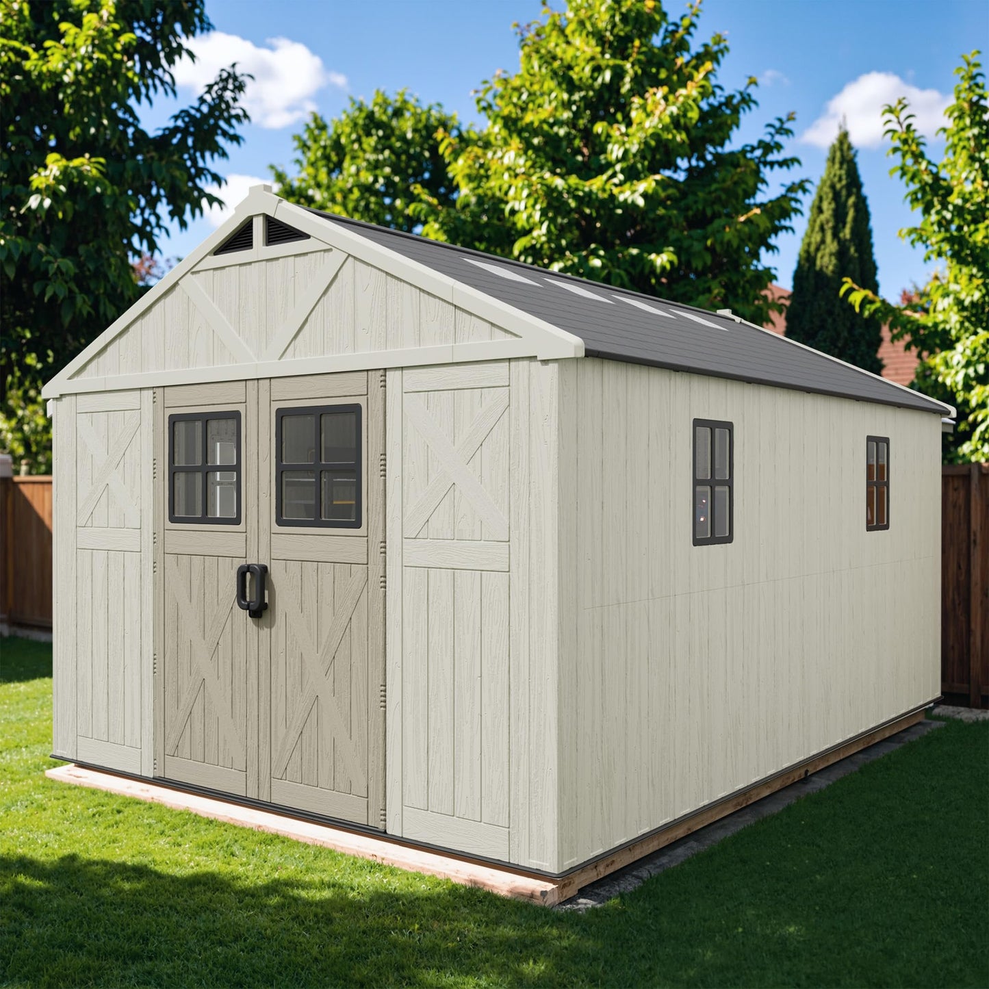 Patiowell 10 x 14 FT Outdoor Storage Shed, Plastic Shed with Floor and Skylight, Resin Storage Shed with Four-Window and Lockable Door for Garden, Patio, Backyard, Beige