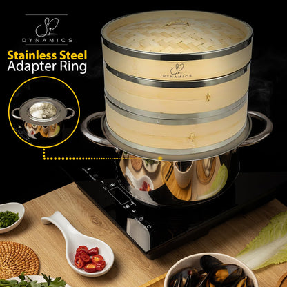 SP DYNAMICS Bamboo Steamer Basket Set Chinese Cuisine 10-inch 2 Tiers Vegetable Steaming Basket for Cooking with Chopsticks, Sauce Dishes, and Reusable Liners - Dumpling Steamer Baskets