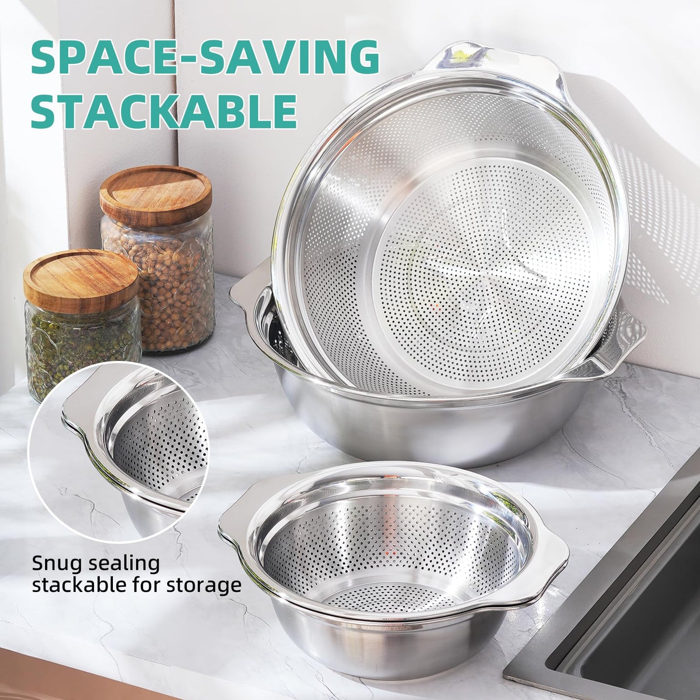Stainless Steel Colander for Kitchen 2-Quart, Strainer Microporous with Mixing Bowl, Rice Strainer for Washing Vegetables, Fruit and Draining Cooked Pasta, Dishwasher Safe