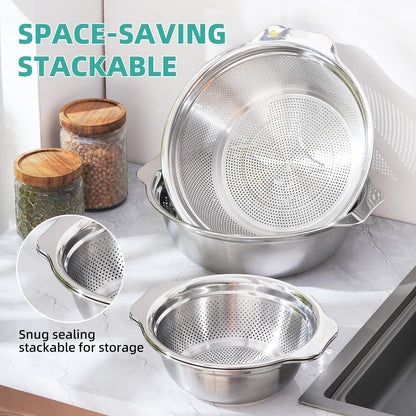 Stainless Steel Colander for Kitchen 2-Quart, Strainer Microporous with Mixing Bowl, Rice Strainer for Washing Vegetables, Fruit and Draining Cooked Pasta, Dishwasher Safe