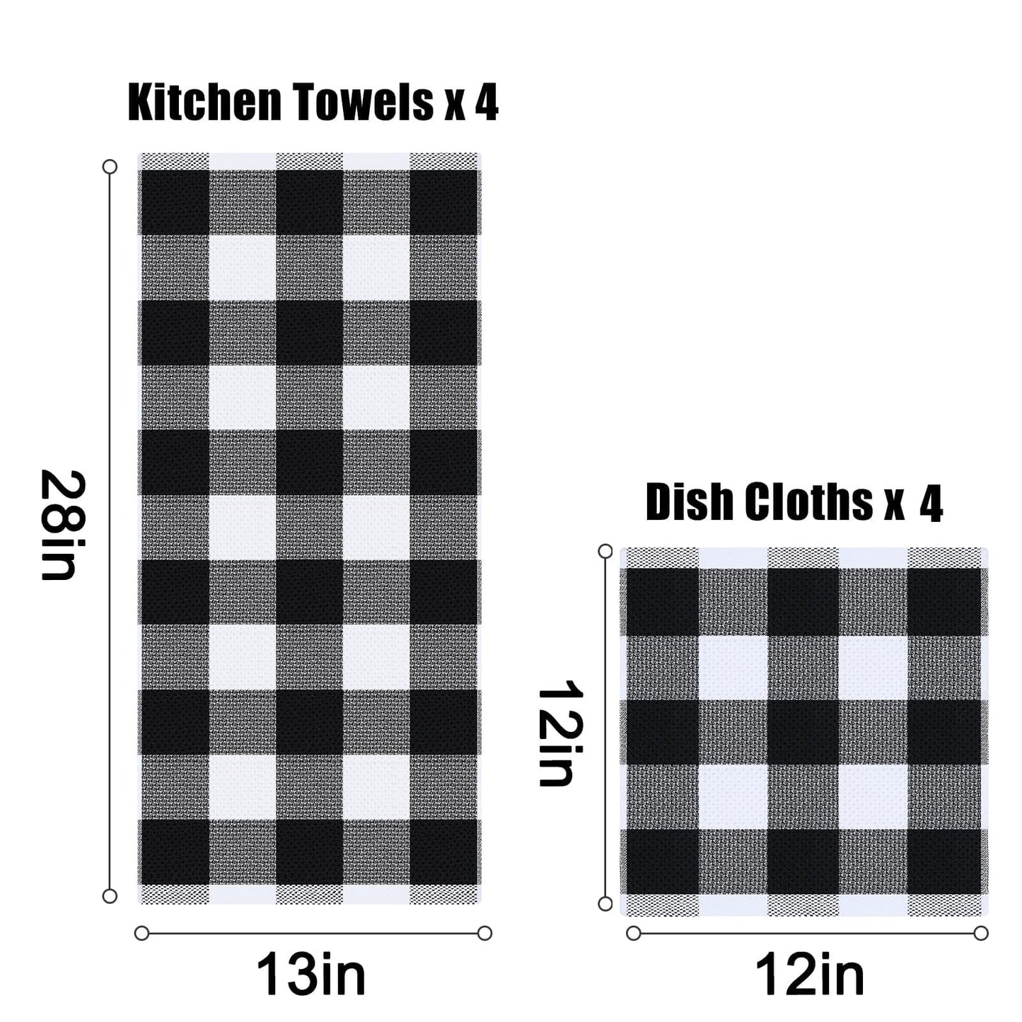 Homaxy Kitchen Towels and Dishcloths Set, 12 x 12 and 13 x 28 Inches, Set of 8 100% Cotton Waffle Weave Check Plaid Kitchen Dish Towels, Super Soft and Absorbent Dish Cloths, White & Black