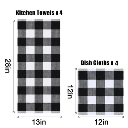 Homaxy Kitchen Towels and Dishcloths Set, 12 x 12 and 13 x 28 Inches, Set of 8 100% Cotton Waffle Weave Check Plaid Kitchen Dish Towels, Super Soft and Absorbent Dish Cloths, White & Black